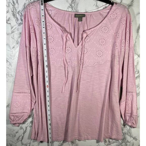 Style & Co Womens Pink Eyelet Embroidered Peasant Blouse 3/4 Sleeve Size 3X - Picture 3 of 6